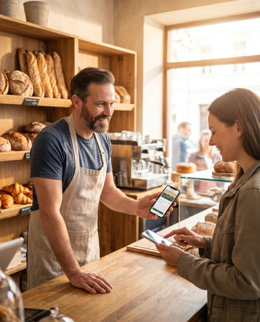 A baker adds their loyalty card to a customer’s Wallet