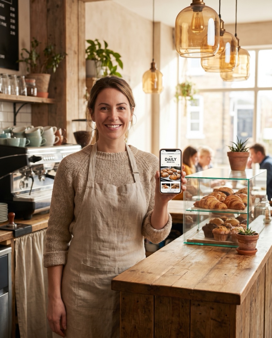 A café manager shows her establishment’s website