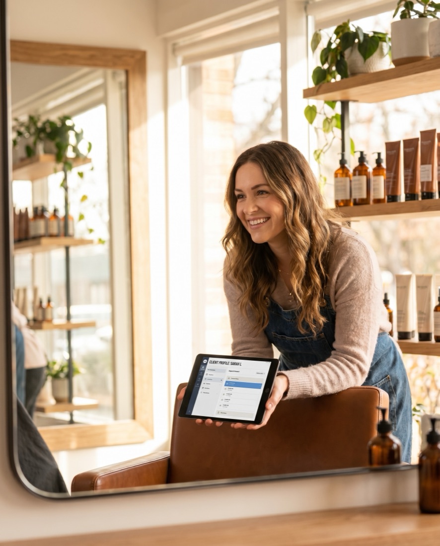 A hairdresser checks a client’s CRM profile on a tablet